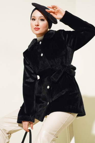 Taş Düğmeli Kuşaklı Goldfox Kaban Siyah - Kaban