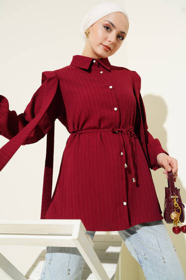 Taş Düğmeli Omuz Pileli Gömlek Bordo - Gömlek