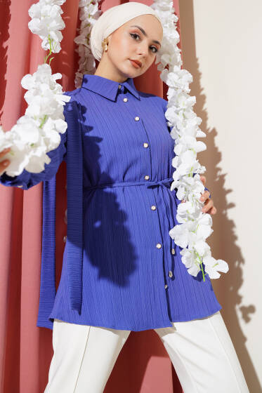 Taş Düğmeli Omuz Pileli Gömlek İndigo - Gömlek