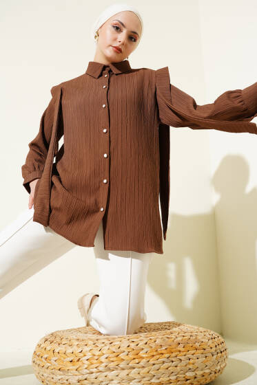 Taş Düğmeli Omuz Pileli Gömlek Kahve - Gömlek