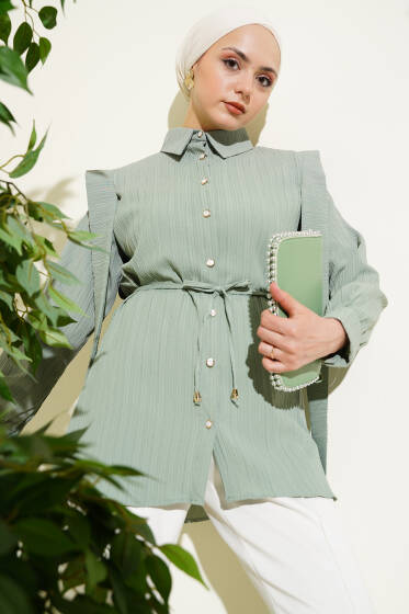 Taş Düğmeli Omuz Pileli Gömlek Mint - Gömlek
