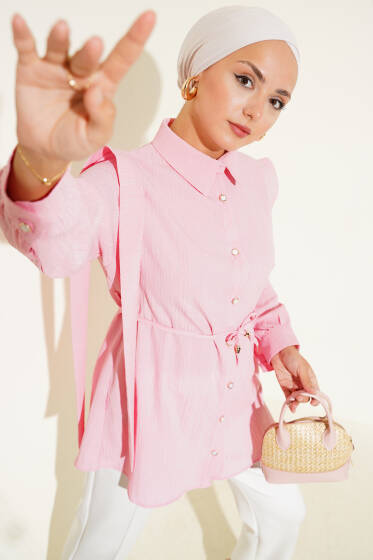 Taş Düğmeli Omuz Pileli Gömlek Pembe - Gömlek