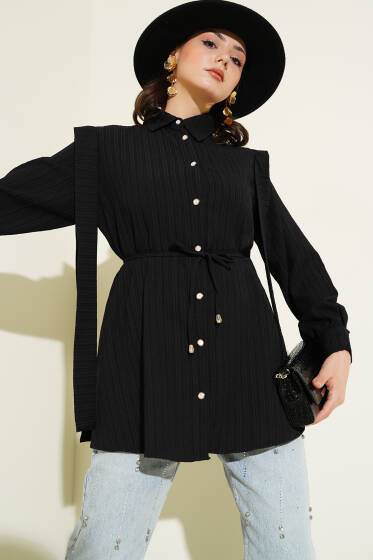 Taş Düğmeli Omuz Pileli Gömlek Siyah - Gömlek