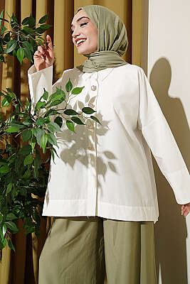 Taş Düğmeli Oversize Gömlek Ekru - VAV TEKSTİL