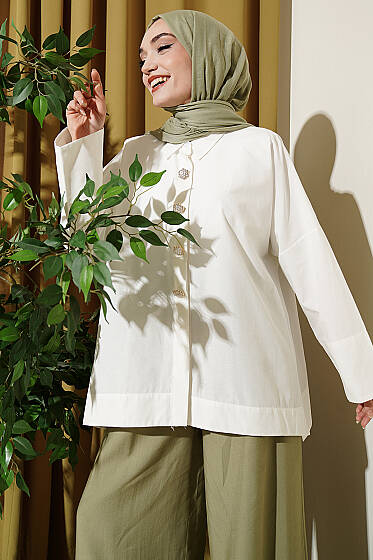 Taş Düğmeli Oversize Gömlek Ekru - Gömlek