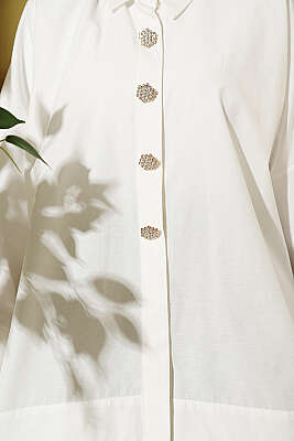 Taş Düğmeli Oversize Gömlek Ekru - Gömlek