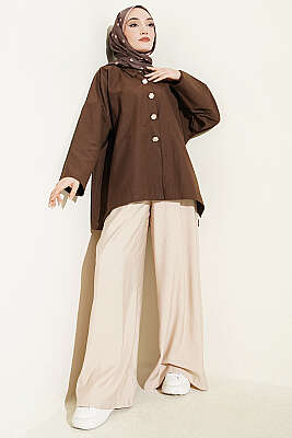 Taş Düğmeli Oversize Gömlek Kahve - 700-1000 TL Ürünler