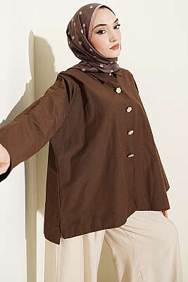 Taş Düğmeli Oversize Gömlek Kahve - VAV TEKSTİL