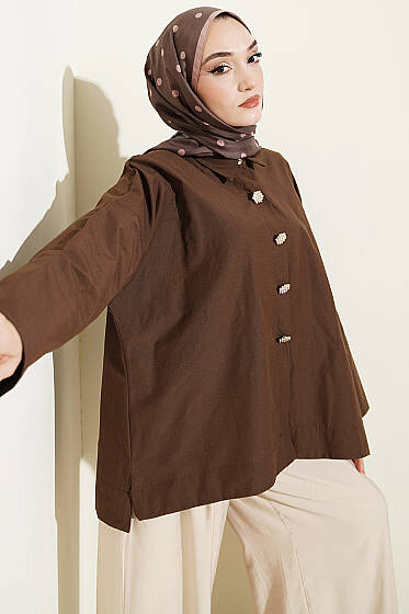 Taş Düğmeli Oversize Gömlek Kahve - Gömlek