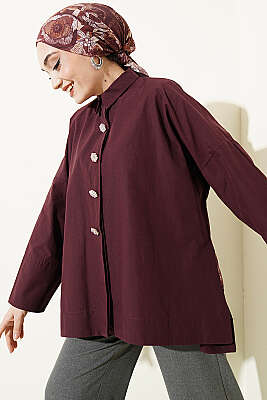 Taş Düğmeli Oversize Gömlek Mürdüm - VAV TEKSTİL