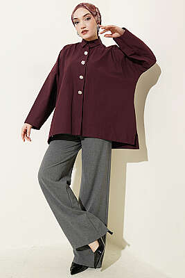 Taş Düğmeli Oversize Gömlek Mürdüm - Gömlek