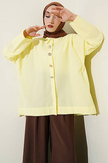 Taş Düğmeli Oversize Gömlek Sarı - Gömlek
