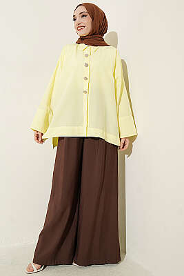 Taş Düğmeli Oversize Gömlek Sarı - Gömlek