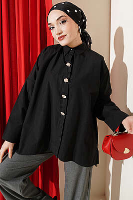 Taş Düğmeli Oversize Gömlek Siyah - VAV TEKSTİL