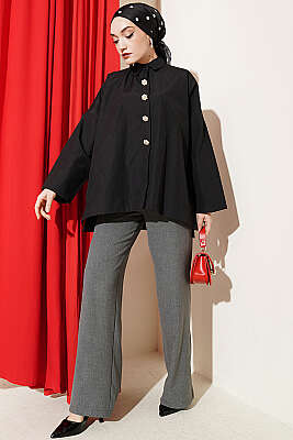 Taş Düğmeli Oversize Gömlek Siyah - Gömlek