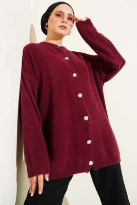 Taş Düğmeli Sakallı Yumoş Hırka Bordo - VANİZA TRİKO