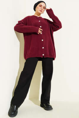 Taş Düğmeli Sakallı Yumoş Hırka Bordo - Hırka