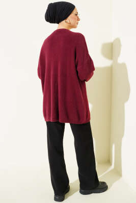 Taş Düğmeli Sakallı Yumoş Hırka Bordo - Hırka