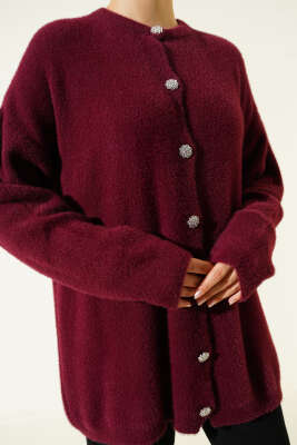 Taş Düğmeli Sakallı Yumoş Hırka Bordo - Hırka