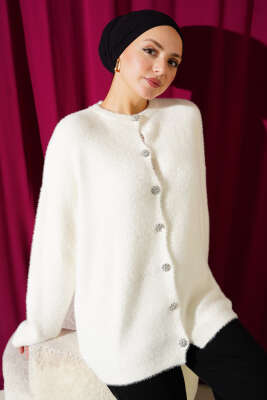 Taş Düğmeli Sakallı Yumoş Hırka Ekru - VANİZA TRİKO