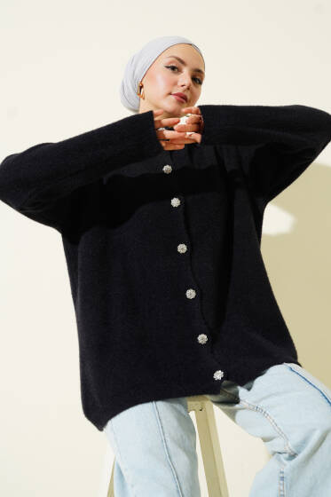 Taş Düğmeli Sakallı Yumoş Hırka Siyah - Hırka