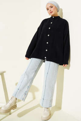 Taş Düğmeli Sakallı Yumoş Hırka Siyah - Hırka
