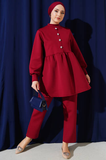 Taş Düğmeli Scuba İkili Takım Bordo - İkili Takım