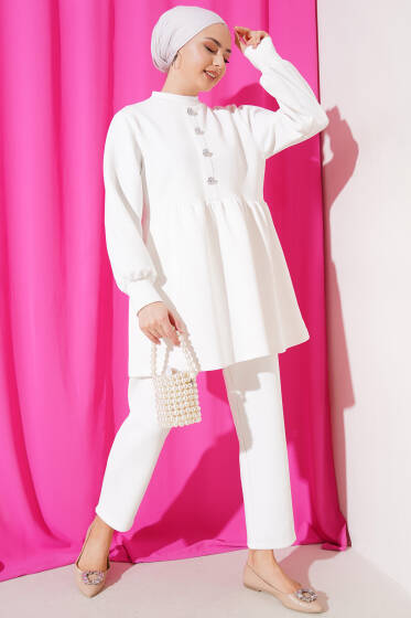 Taş Düğmeli Scuba İkili Takım Ekru - İkili Takım