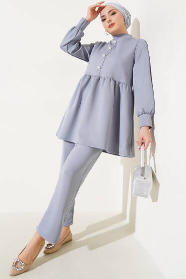 Taş Düğmeli Scuba İkili Takım Gri - İkili Takım