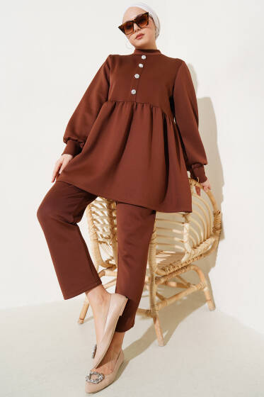 Taş Düğmeli Scuba İkili Takım Kahve - İkili Takım