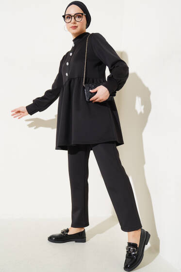 Taş Düğmeli Scuba İkili Takım Siyah - İkili Takım