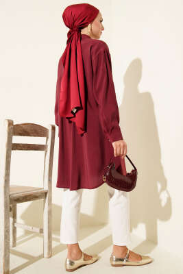 Taş Düğmeli Uzun Tunik Bordo - Tunik