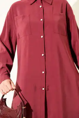 Taş Düğmeli Uzun Tunik Bordo - Tunik