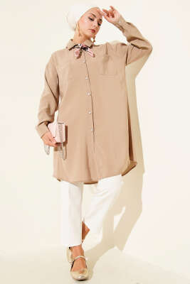 Taş Düğmeli Uzun Tunik Latte - 500-700 TL Ürünler
