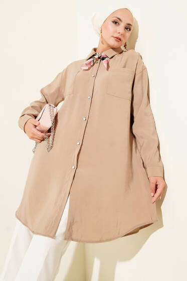 Taş Düğmeli Uzun Tunik Latte - Tunik