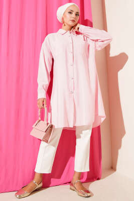 Taş Düğmeli Uzun Tunik Pembe - Tunik