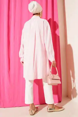 Taş Düğmeli Uzun Tunik Pembe - Tunik