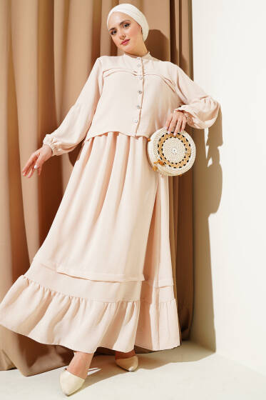 Taş Düğmeli Volanlı Etekli İkili Takım Bej - İkili Takım