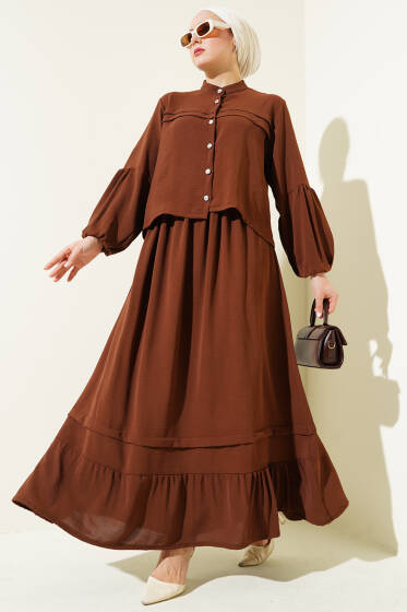 Taş Düğmeli Volanlı Etekli İkili Takım Kahve - İkili Takım