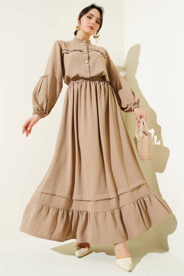 Taş Düğmeli Volanlı Etekli İkili Takım Latte - İkili Takım