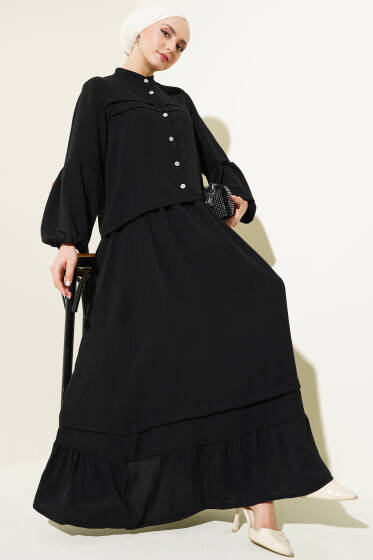 Taş Düğmeli Volanlı Etekli İkili Takım Siyah - İkili Takım