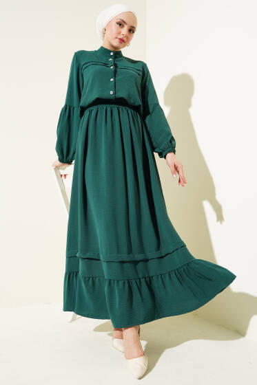 Taş Düğmeli Volanlı Etekli İkili Takım Zümrüt - İkili Takım