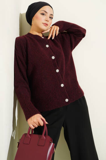 Taş Düğmeli Yumoş Triko Kısa Hırka Bordo - Hırka