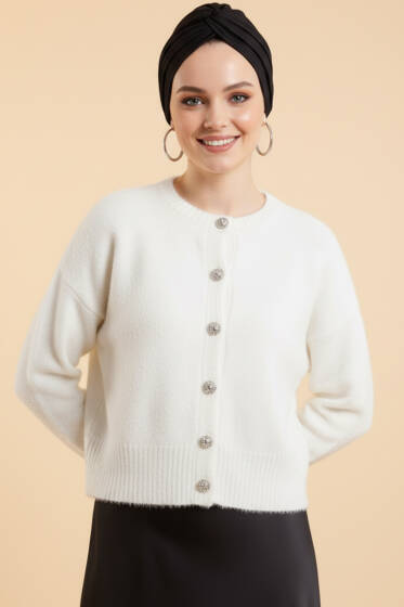 Taş Düğmeli Yumoş Triko Kısa Hırka Ekru - Hırka