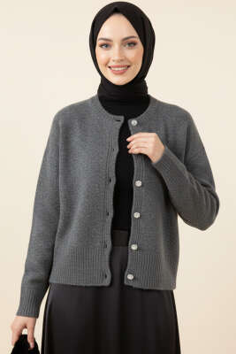 Taş Düğmeli Yumoş Triko Kısa Hırka Füme - VANİZA TRİKO