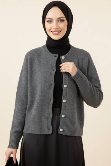 Taş Düğmeli Yumoş Triko Kısa Hırka Füme - Hırka