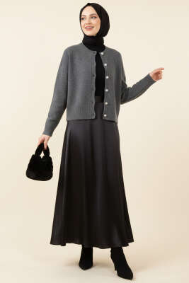 Taş Düğmeli Yumoş Triko Kısa Hırka Füme - Hırka