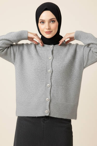 Taş Düğmeli Yumoş Triko Kısa Hırka Gri - Hırka