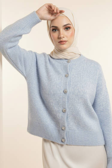 Taş Düğmeli Yumoş Triko Kısa Hırka Mavi - Hırka