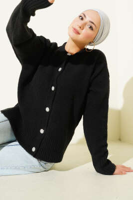 Taş Düğmeli Yumoş Triko Kısa Hırka Siyah 